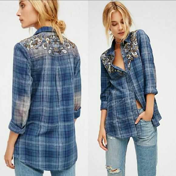 Free People Tops - NWOT Free People embellished blue flannel top